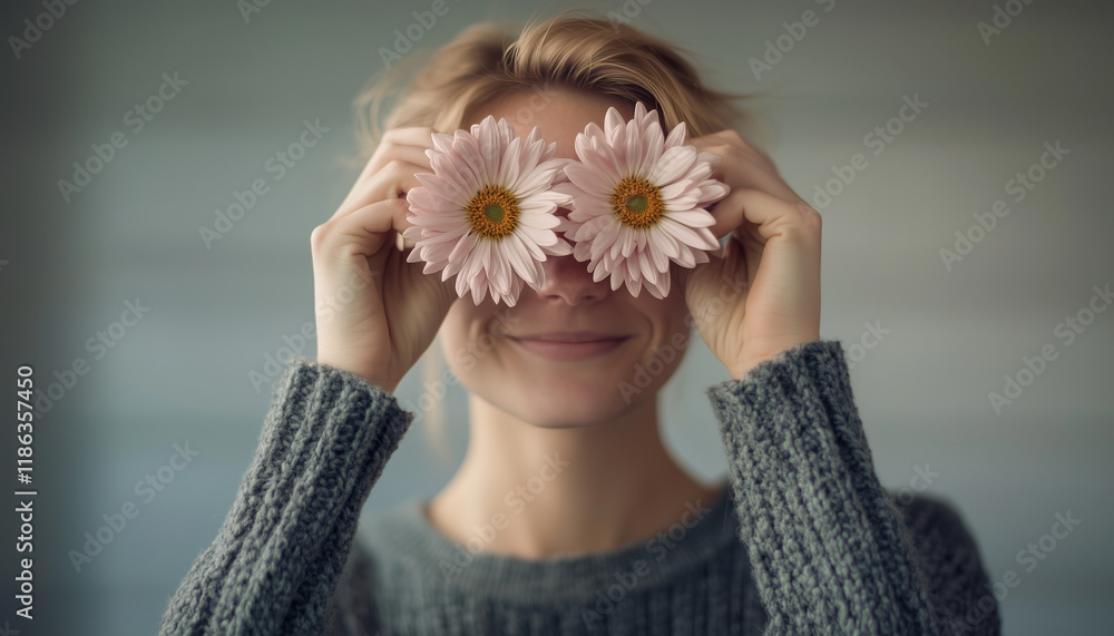 Naklejka premium Playful Female Portrait with Flowers Covering Eyes, Soft Lighting, Cozy Sweater, and Minimal Pastel Background