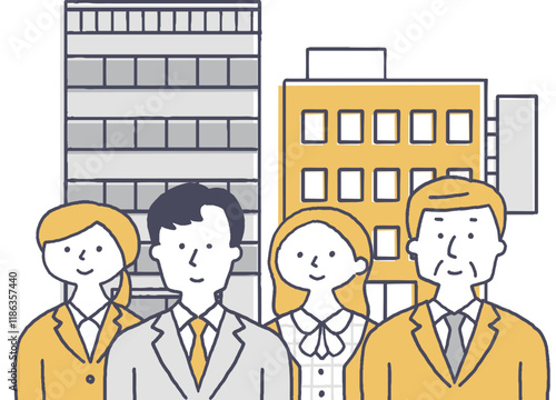 ビルの前に立つスーツ姿の男女単色