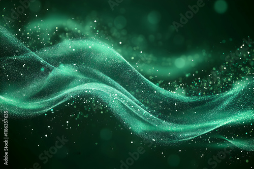 Glowing emerald green particle streams flowing in a fluid motion over a dark, textured forest green background