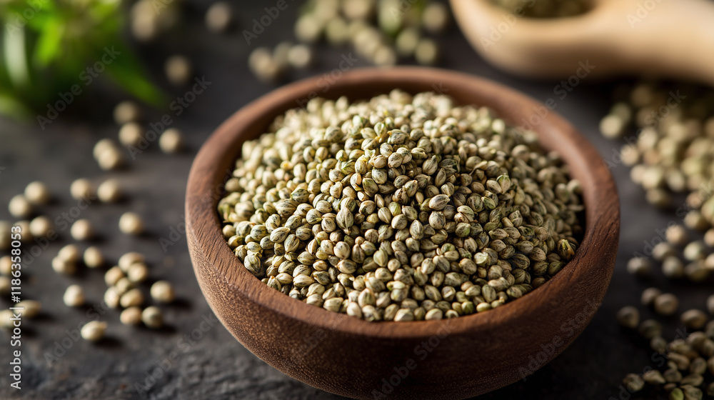 Healthy hemp seeds in wooden bowl Healthy hemp seeds in wooden bowl
