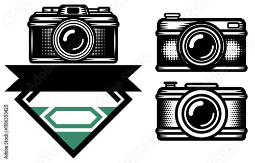 Retro Camera Collection with Superhero Emblem Design. photo