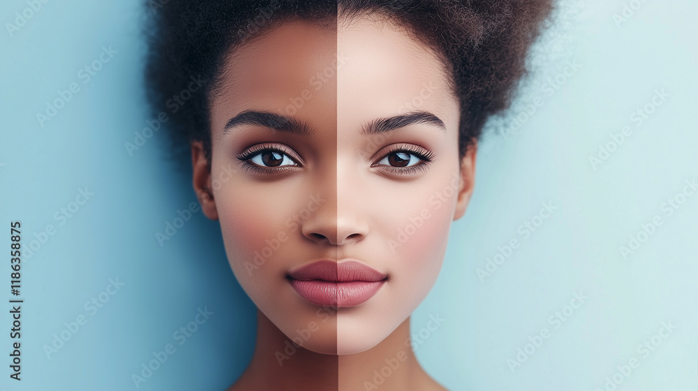 Fototapeta premium Beautiful woman's face split into two halves, one white and one black, symbolizes unity and diversity, celebrating beauty beyond skin color and appearance.