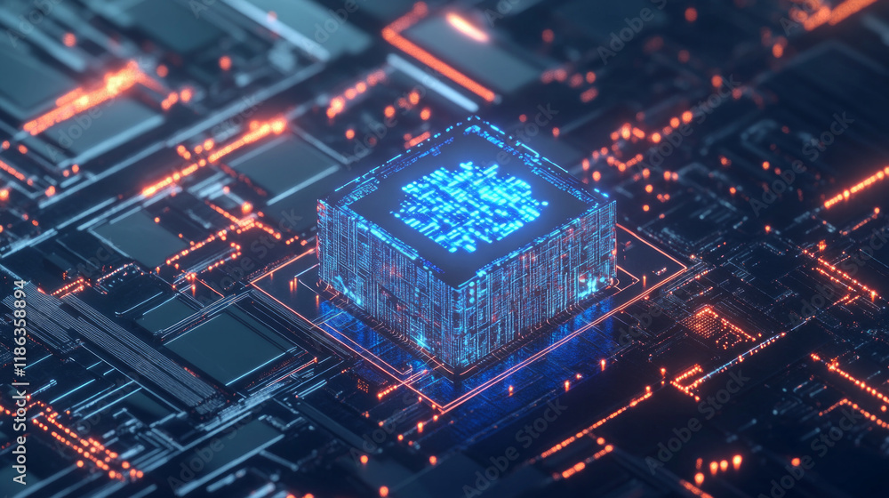 Obraz premium Futuristic AI core embedded within an intricate data network with glowing circuitry and advanced components