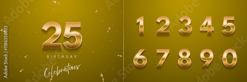 Birthday anniversary golden numbers set template with number 25. Celebration birthday vector background. Gold numbers on yellow backdrop with confetti for party invitation, greeting card, poster.