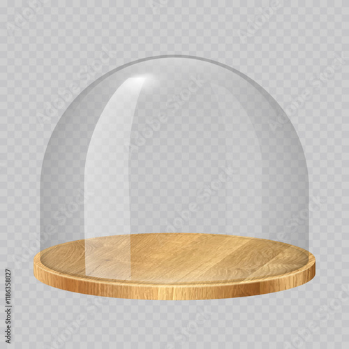 Glass dome with wooden tray. Transparent crystal bell, container, case, cover with round wood plate. Empty product display or showcase. Realistic vector illustration isolated on transparent background