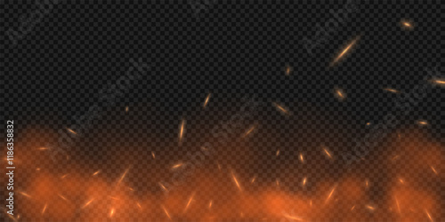 Fire sparks background with effect of smoke and flame. Realistic flying orange sparkles. Abstract vector illustration.