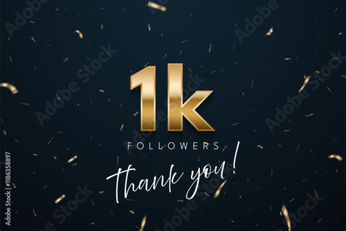 1k followers celebration banner. 3d social media achievement poster. One thousand followers thank you lettering with golden sparkling confetti ribbons on dark blue background. Vector illustration.