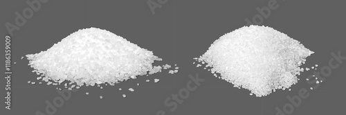 Sea salt piles isolated on transparent background. Heaps of sugar on table. White grain crystals. Natural mineral for cooking, bath, spa. Realistic vector illustration set