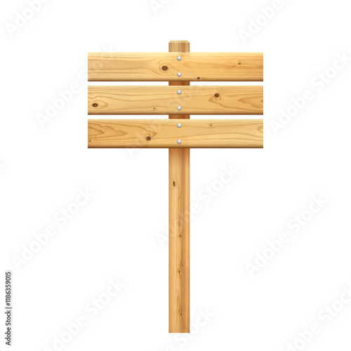 3d wooden signboard vector illustration. Realistic wood horizontal sign post. Blank pointer with wood texture. Game element.