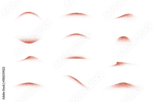 Red spice powder splashes. Powders of chilli, paprika, pepper. Flying red dust particles isolated on transparent background. Abstract vector illustration set.