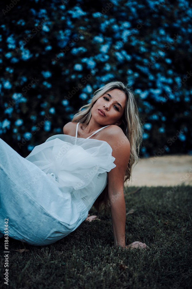 Chica rubia joven posando en jardin con traje blanco