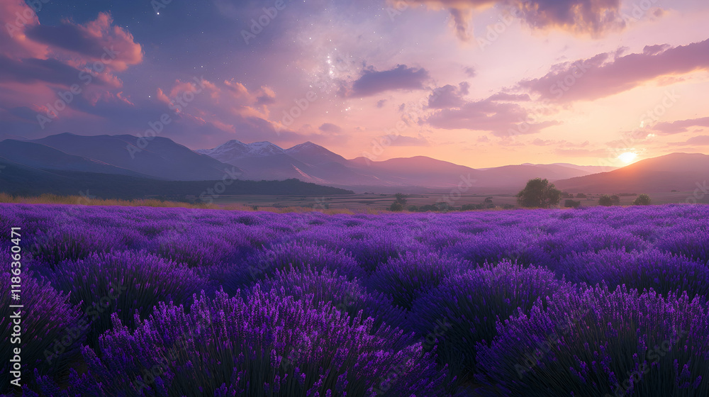 Soft lavender fields glowing under the ethereal light of the Milky Way on a peaceful summer evening Soft lavender fields glowing under the ethereal light of the Milky Way on a peaceful summer evening