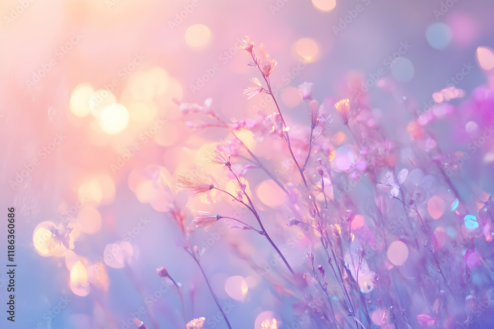 Fototapeta premium Soft pastel bokeh with shimmering lilac light inside a dreamy art studio, scattered brushes and a canvas in the background