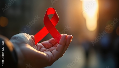 Wallpaper Mural Hand holds red ribbon support for World AIDS Day. Blurred background highlights significance of awareness campaign. Image offers plenty of space for text. Suitable for various uses in social media Torontodigital.ca