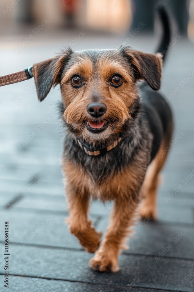 National Walk Your Dog Day Happy small dog on leash walking on pavement outdoors National Walk Your Dog Day Happy small dog on leash walking on pavement outdoors