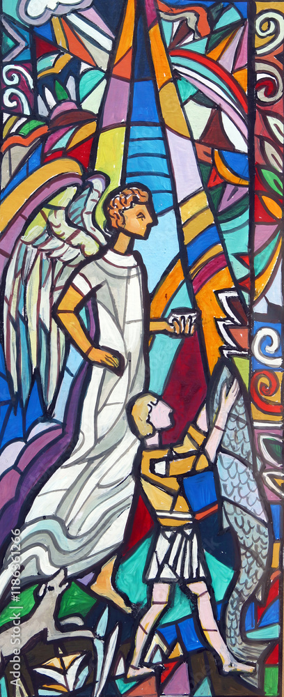 Saint Raphael the Archangel, sketch for a stained glass window in the parish church of Saints Peter and Paul in Velika Gorica, Croatia Saint Raphael the Archangel, sketch for a stained glass window in the parish church of Saints Peter and Paul in Velika Gorica, Croatia