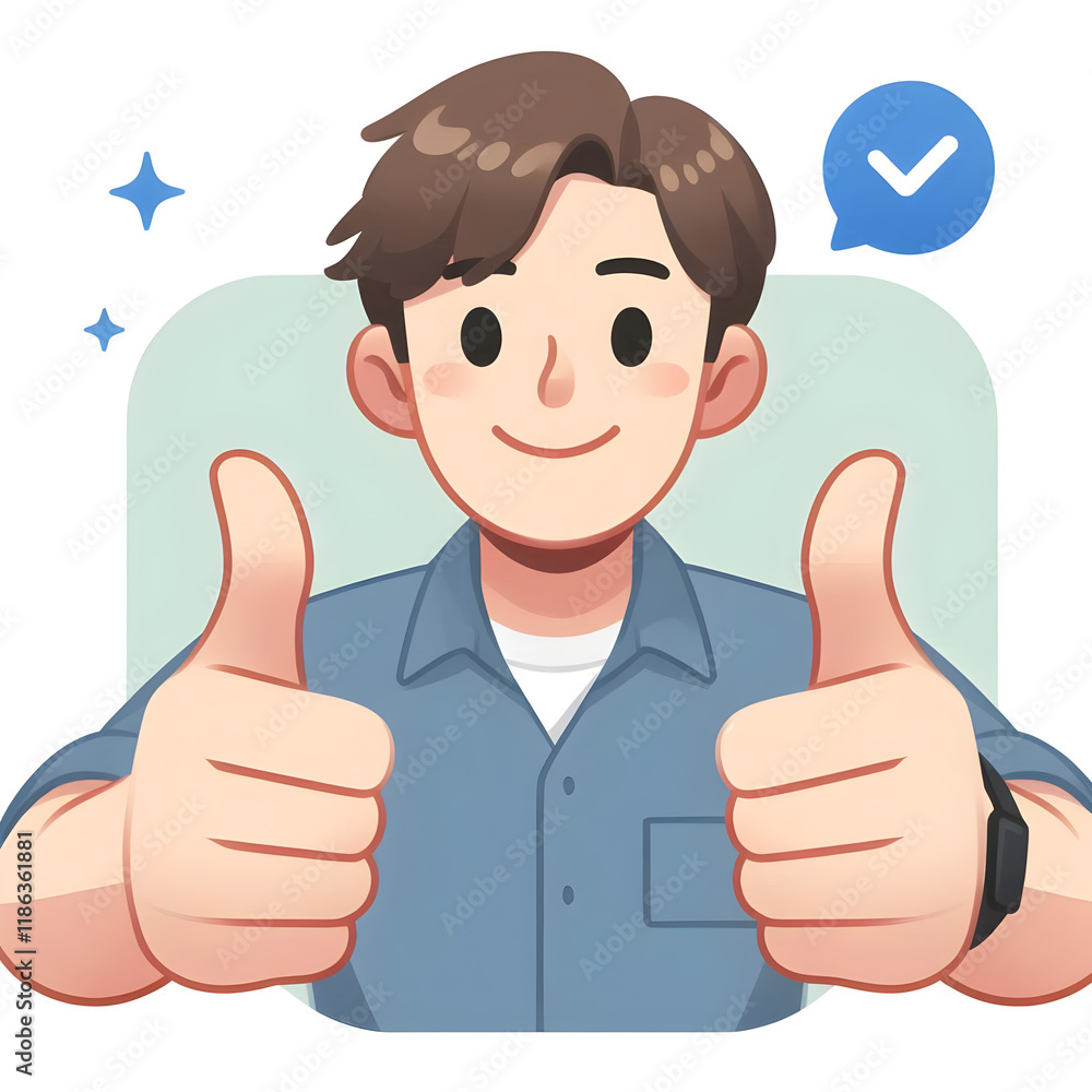 Cheerful worker gesturing thumbs up with a checkmark symbol, expressing approval and satisfaction on white background Cheerful worker gesturing thumbs up with a checkmark symbol, expressing approval and satisfaction on white background