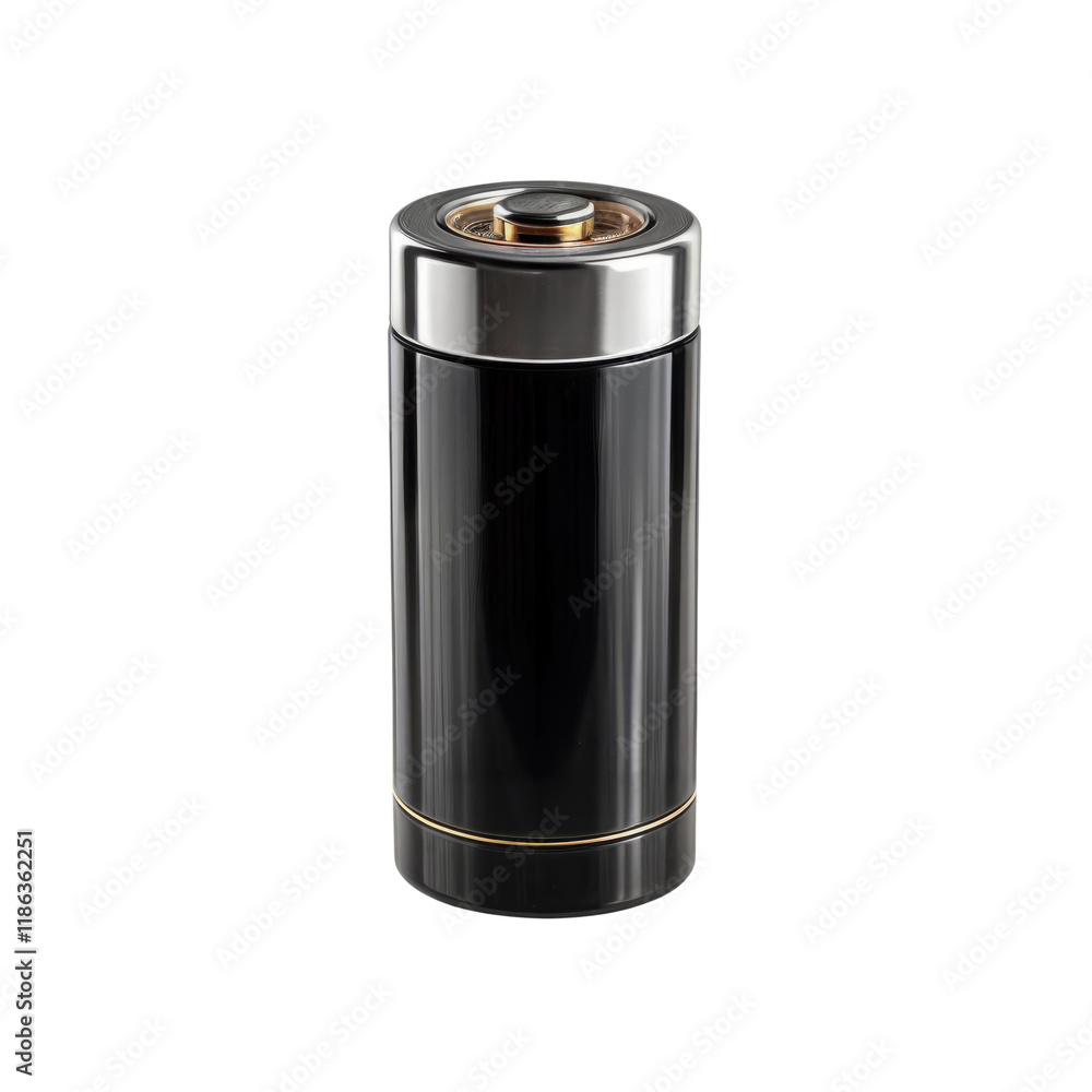 Black Rechargeable Battery: A close-up shot of a single cylindrical rechargeable battery, showcasing its black finish, silver top, and gold accents. This image emphasizes the sleek. Black Rechargeable Battery: A close-up shot of a single cylindrical rechargeable battery, showcasing its black finish, silver top, and gold accents. This image emphasizes the sleek.