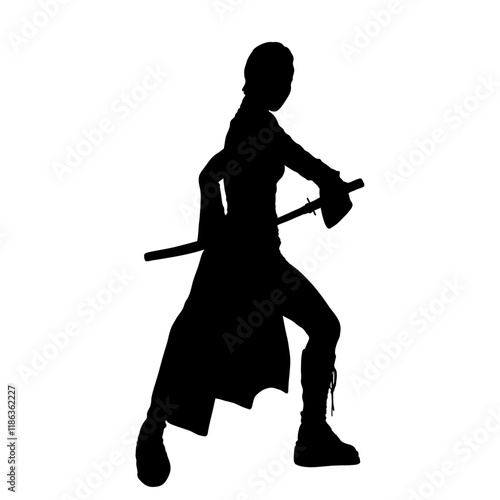 Silhouette of a warrior wielding a katana, dynamic pose.