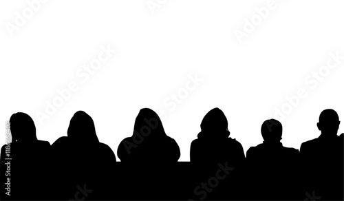 Silhouettes of people sitting together, a group of individuals in profile view.