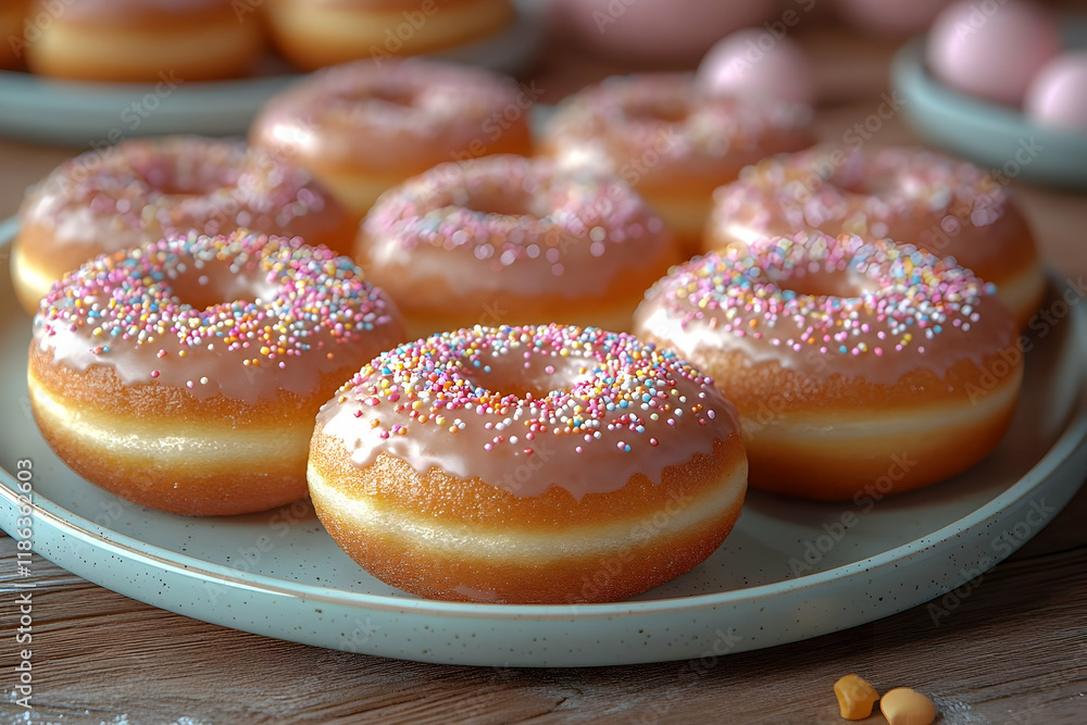 A plate of assorted glazed donuts with rainbow sprinkles, close-up A plate of assorted glazed donuts with rainbow sprinkles, close-up