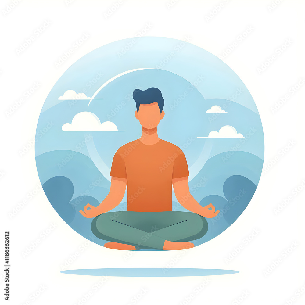 Male practicing lotus meditation, peaceful sky backdrop highlighting mental wellness and tranquil moment of mindful relaxation Male practicing lotus meditation, peaceful sky backdrop highlighting mental wellness and tranquil moment of mindful relaxation