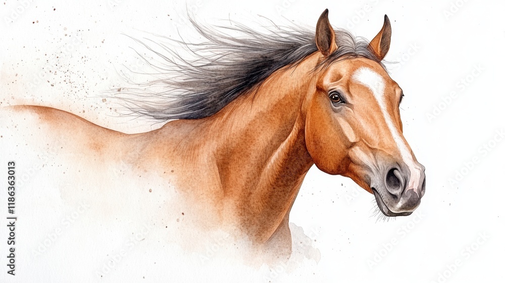 Obraz premium National Horse Protection Day Majestic brown horse with flowing mane and white blaze watercolor art