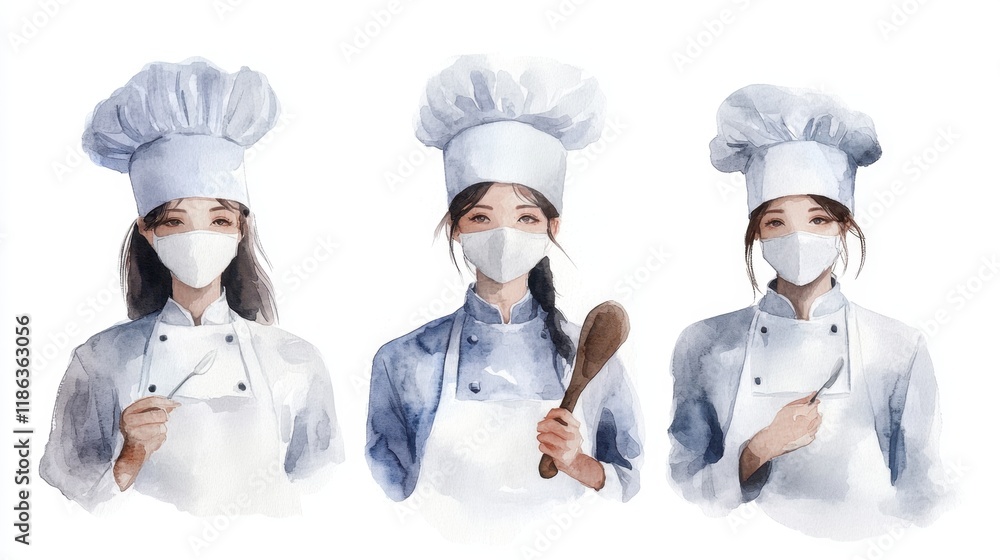 National Hospitality Workers Appreciation Day Asian female chefs in uniforms with masks holding kitchen utensils National Hospitality Workers Appreciation Day Asian female chefs in uniforms with masks holding kitchen utensils