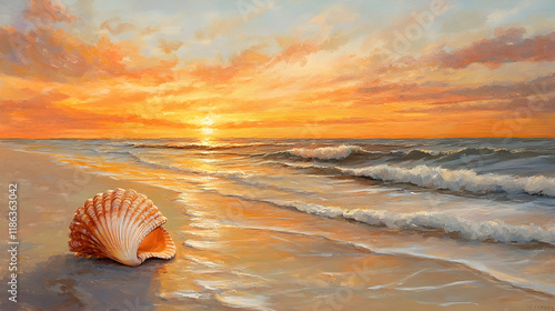 Vibrant sunset over a serene beach, gentle waves lapping against the shore, a lone seashell glistening in the soft golden light