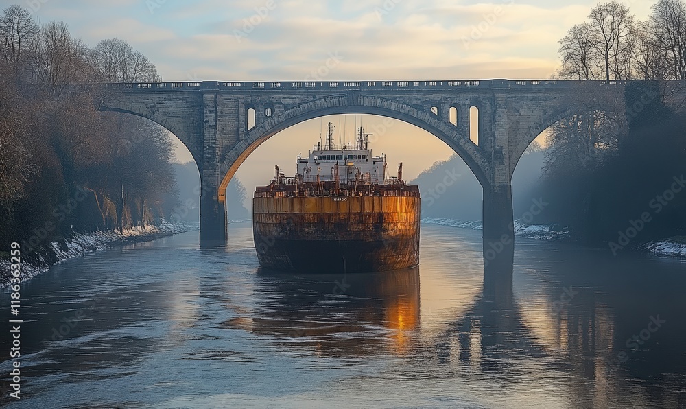 Obraz premium Rusty barge under stone arch bridge.