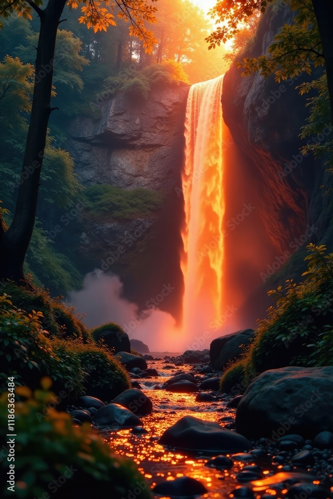 Fototapeta premium Radiant orange illumination casts a warm glow on the forest floor below an unseen waterfall, waterfall, foliage, orange light