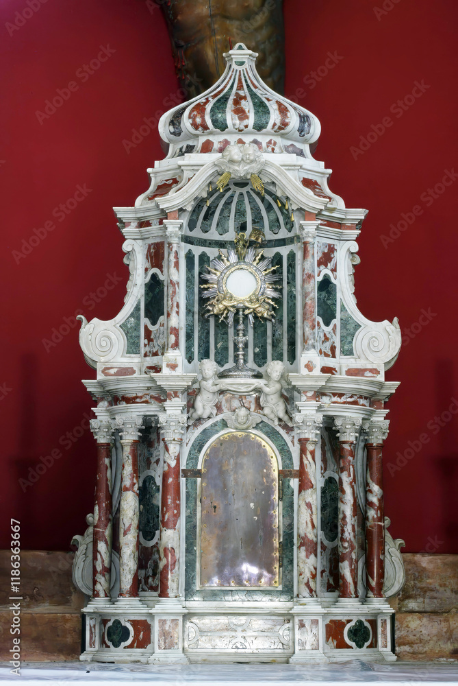 Tabernacle on the altar of the Holy Cross in the Church of All Saints in Blato, Korcula island, Croatia