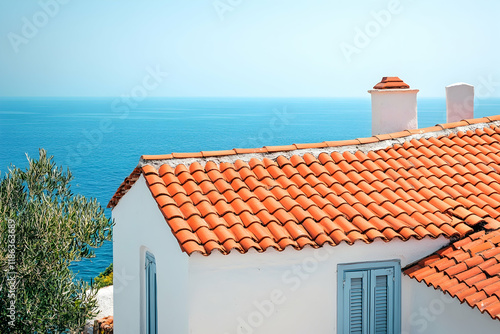 Whitewashed cottages with red tile roofs in a Greek seaside village, surrounded by olive trees and turquoise waters under a clear sky photo