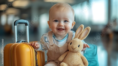 Traveling baby with luggage and toys in a cheerful airport terminal