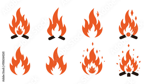 Set of Cartoon fire borders flames Fire ornament set vector icons and vector silhouettes bundle. Symbol of burning fire flame collection hot flaming banners
