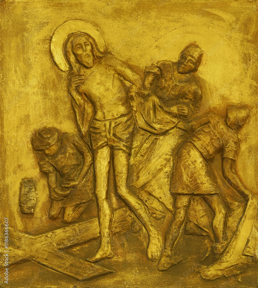10th Stations of the Cross, Jesus is stripped of His garments, church of Our Lady of Sorrows in Spansko, Zagreb, Croatia