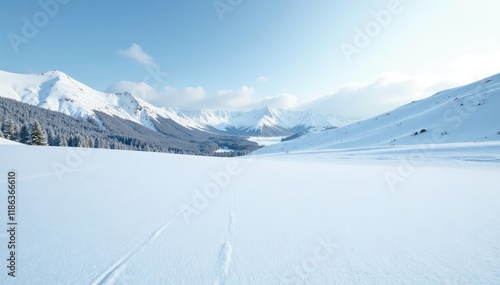 Smooth snowy surface on a vast open field with distant snow-covered hills in the background, snowy surface, smooth photo