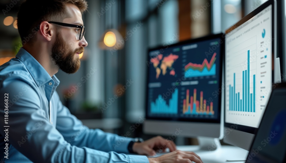 Fototapeta premium Man focuses on computer screen. Business analyst examines business statistics. Data analysis. Report review. Insightful data. Graphs, charts. Digital data. Business data. Modern office. Information
