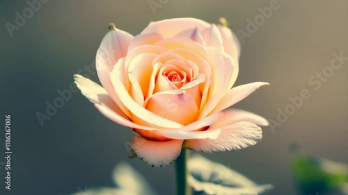 Pale pink rosebud opening petals in bloom, rose blooming cycle close-up