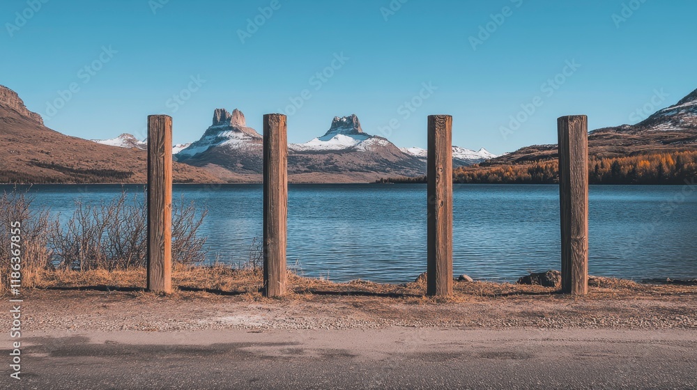 Scenic mountain view with wooden posts tranquil lake landscape photography serene environment wide angle Scenic mountain view with wooden posts tranquil lake landscape photography serene environment wide angle
