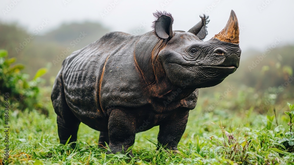 Fototapeta premium Majestic rhinoceros roaming in lush green habitat wildlife photography natural environment close-up view