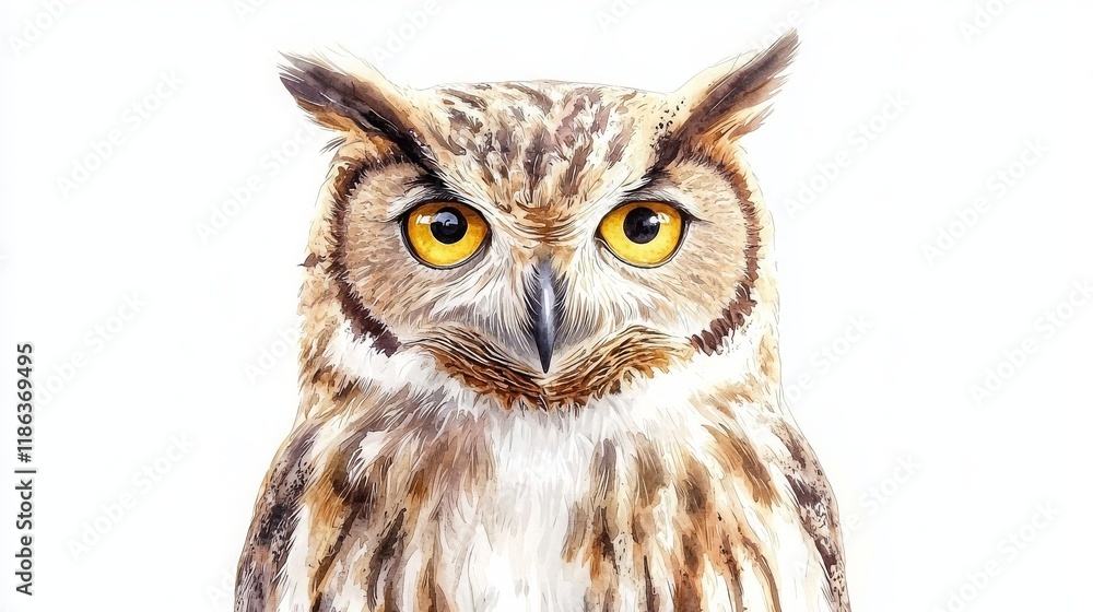 Naklejka premium Curious Owl Watercolor Portrait with Golden Eyes