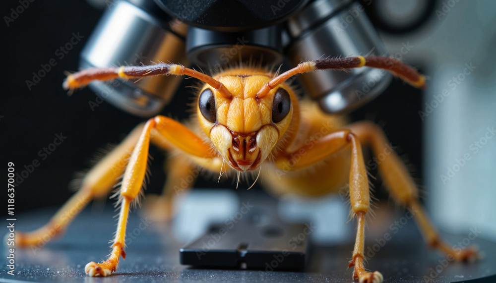 Fototapeta premium Detailed ant portrait under microscope in scientific setting, intricate nature