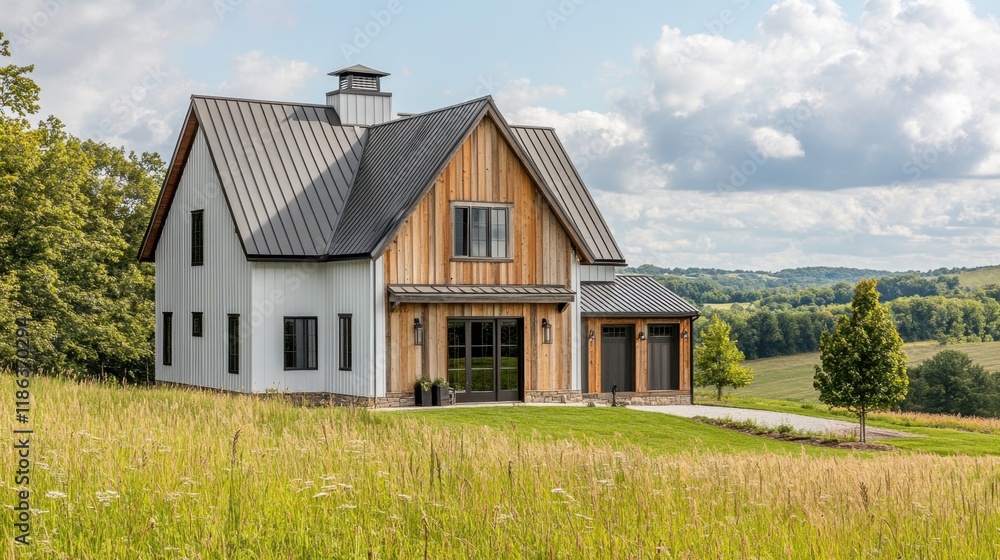 Modern Rustic House Surrounded by Lush Green Landscape in Daylight Modern Rustic House Surrounded by Lush Green Landscape in Daylight