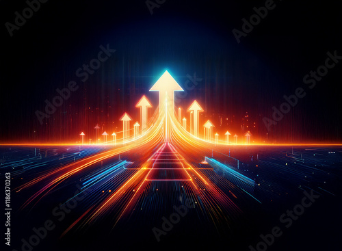 Glowing arrows converge on a central, larger arrow, symbolizing upward trajectory and converging paths towards success.  The background suggests a technological or digital landscape.