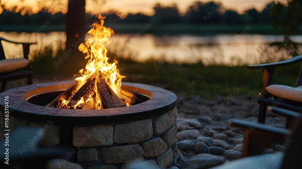 Cozy evening campfire by tranquil lakeside Cozy evening campfire by tranquil lakeside