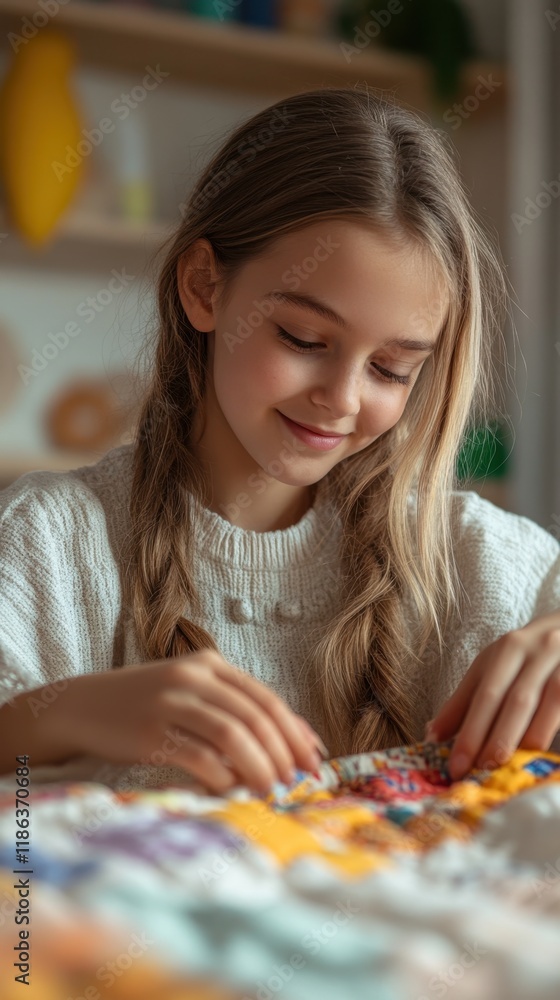 Fototapeta premium Young caucasian female child smiling while engaging in creative crafting activity at home