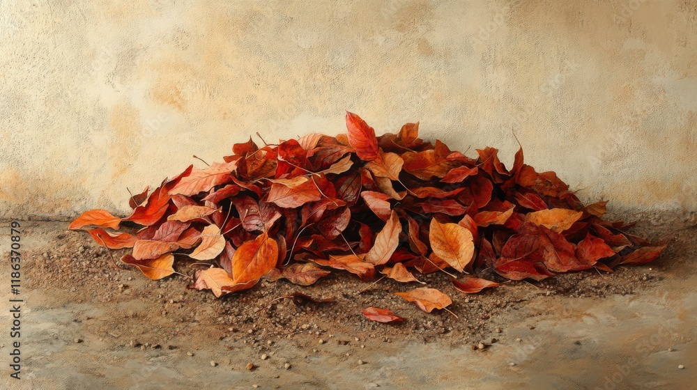 Pile of Colorful Autumn Leaves on Textured Ground Surface Pile of Colorful Autumn Leaves on Textured Ground Surface