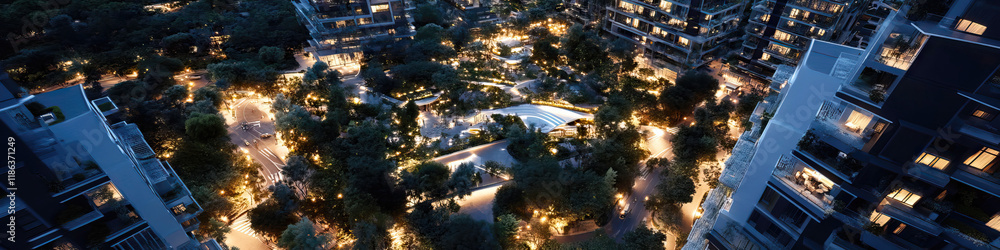 Naklejka premium Aerial Night View of Residential Complex with Central Park