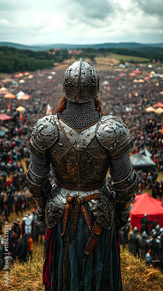 A Female Knight in Full Armor Surveys a Vast Medieval Army from a Hilltop A Female Knight in Full Armor Surveys a Vast Medieval Army from a Hilltop